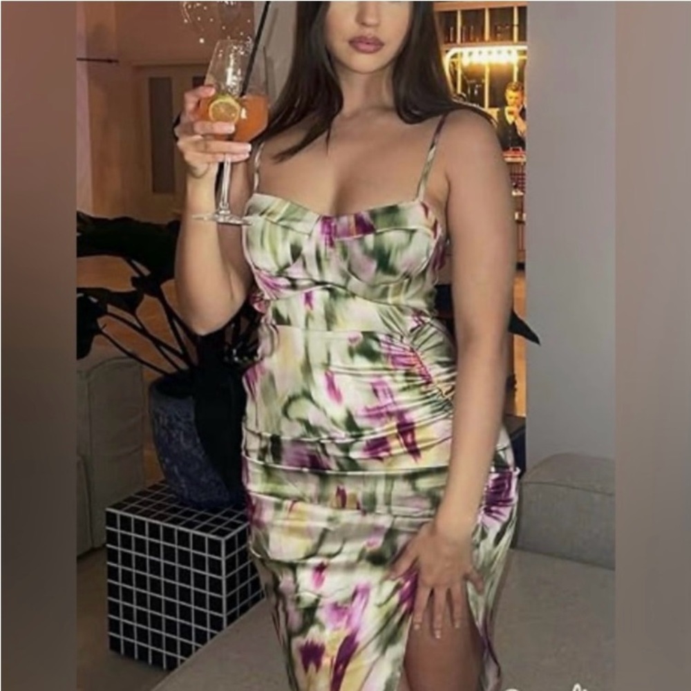Cider Strapless Dress in Green and Purple